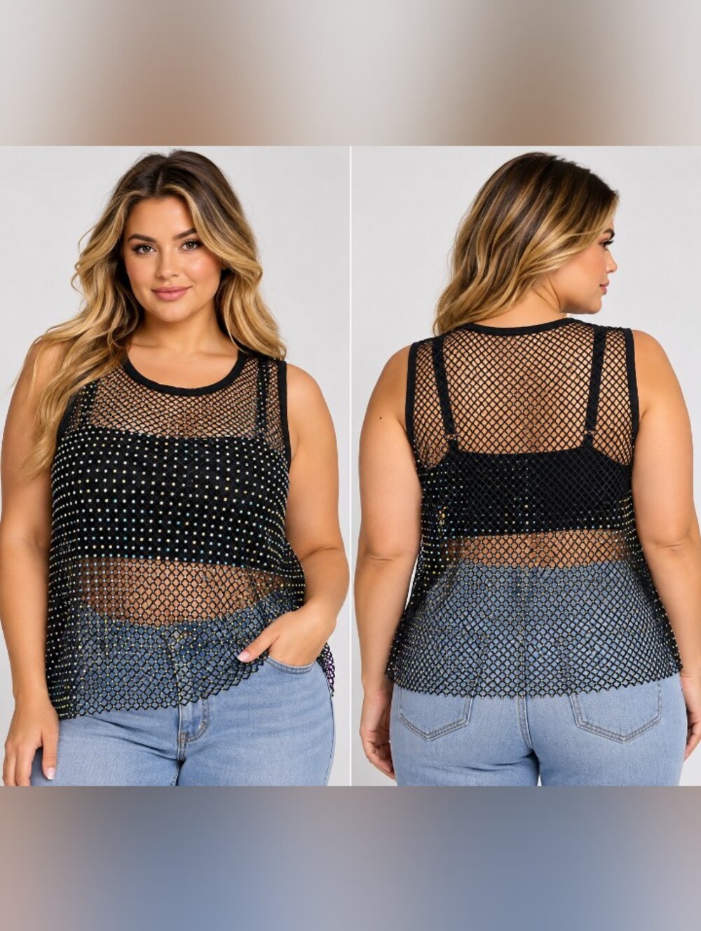 madden nyc rhinestone mesh tank top xl nwt black